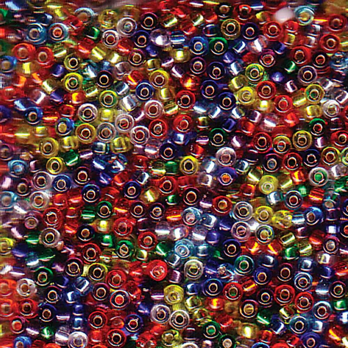 A dense pile of small glass seed beads in many colors, including red, blue, green, yellow, purple, and silver, filling the entire frame.