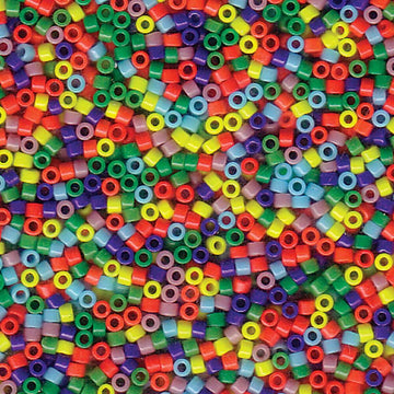 A dense, close-up pile of small cylindrical glass beads in a rainbow of colors including red, orange, yellow, green, blue, purple, and pink.