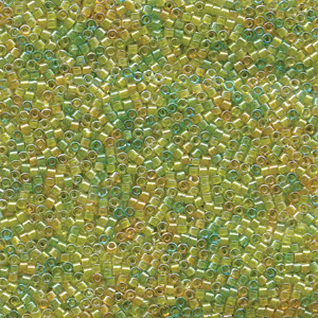 close-up of small green, yellow and amber glass beads.