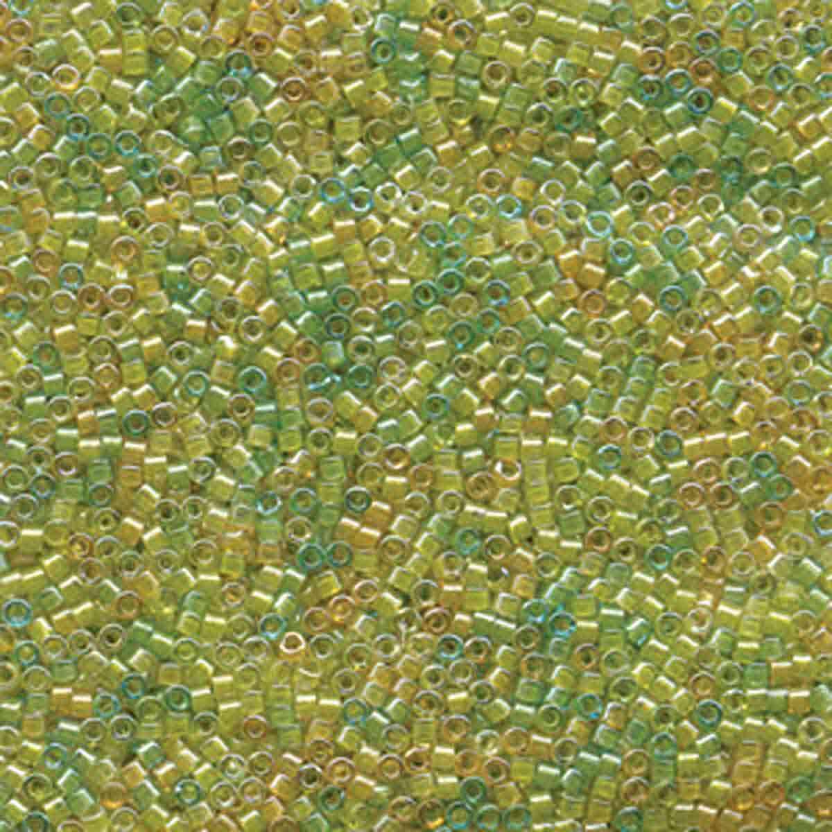 close-up of small green, yellow and amber glass beads.