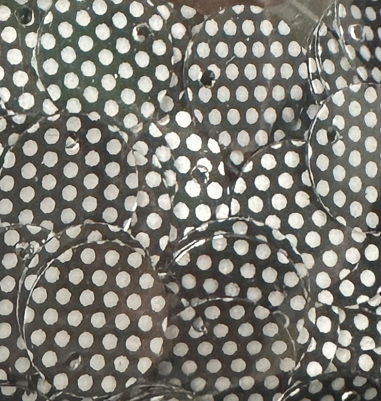 10mm Paillette Satin silver Dots on black