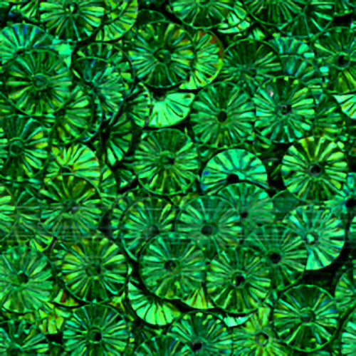 Close-up of green metallic sequins with a textured pattern